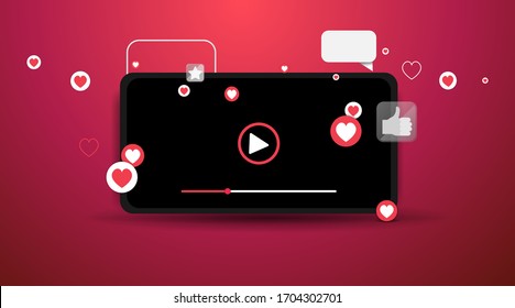 Video screen play button, Streaming preview template, 3d with likes and hearts, happy live, social media concept with media icons, chat box and , creative design, cute mobile phone vector