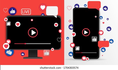 Video screen play button, Streaming preview template, 3d with likes and hearts, happy live, social media concept with media icons, chat box and , creative design, cute mobile phone and monitor vector