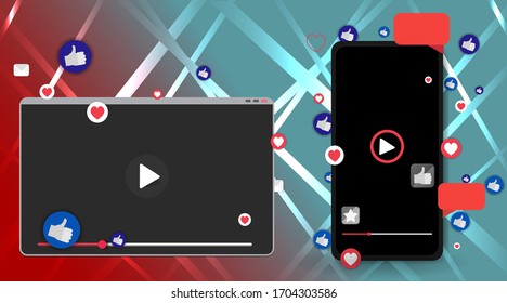 Botón de reproducción de pantalla de video, plantilla de vista previa de transmisión, 3d con me gusta y corazones, feliz en vivo, concepto de medios sociales con iconos de medios, chat y , diseño creativo, teléfono móvil lindo y monitor vectorial