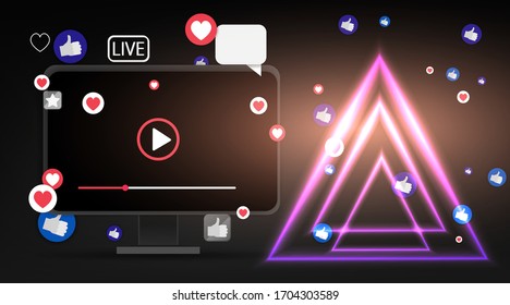 Video screen play button, Streaming preview template, 3d with likes and hearts, happy live, social media concept with media icons, chat box and , creative design, cute multimedia  vector