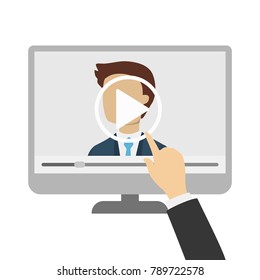 Video screen play. Finger touching play button.