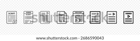 Video Script and Screenplay Line Icons Vector Set – Storyboard, Content Planning, Script and Storyboard Line Icons – Video Content Planning, Screenplay