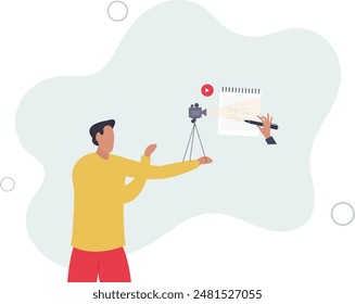 Video script and screenplay text writing work for movie.Shooting scene paper instructions and scenario document for television..flat illustration.