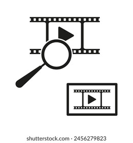 Video search concept. Filmstrip magnification. Multimedia analysis icon. Movie inspection symbol. Vector illustration. EPS 10.