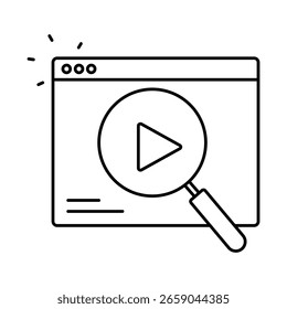 Video search icon, play button, magnifying glass, online media, web player vector