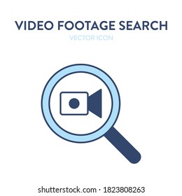 Video search icon. Vector illustration of a magnifier tool with video camera icon inside. Represents concept of finding a video, searching for a film or movie to watch, online cinema