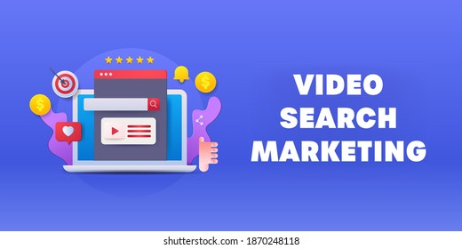 Video search marketing, Video search engine, website video content - conceptual vector illustration with icons and texts