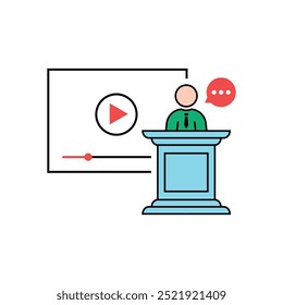 video seminar with spokesman. concept of class, tablet, leader, personal tutor, teamwork, university, presentation, orator. flat style trend modern logo