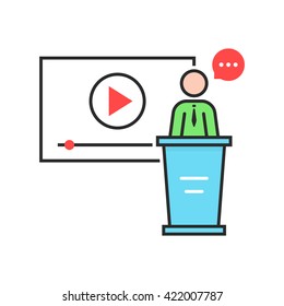 video seminar with spokesman. concept of class, tablet, leader, personal tutor, teamwork, university, presentation, orator. flat style trend modern logo design vector illustration on white background