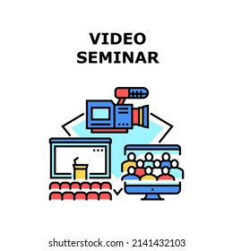 Video Seminar Vector Icon Concept. Video Seminar Businessman Recording On Camera Device And Showing Online In Internet. Audience Watching Educational Clip In Cyberspace Color Illustration