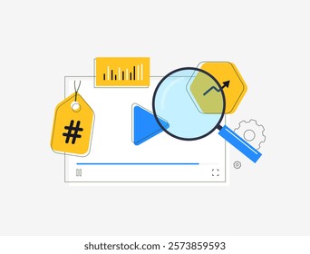 Video SEO illustration with search bar, hashtags, analytics charts and magnifying glass. SEO video optimization, keyword targeting and improving search rankings through analytics and tags illustration