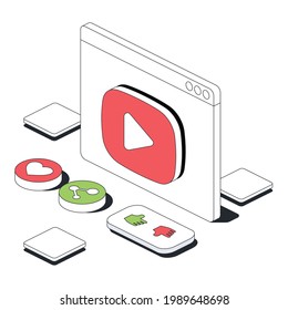 Video server, player window screen, blogging, cinema. Vector 3d line isometric, color web icons, new flat style. Creative design idea for infographics.