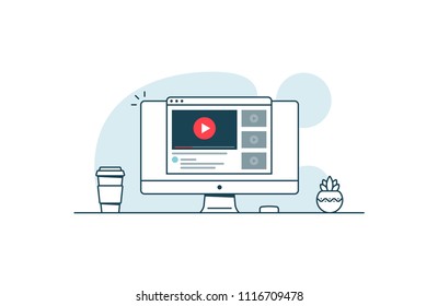 Video service concept. Computer with open browser and video player. Vector illustration in line art style