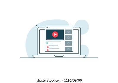 Video service concept. Laptop with open browser and video player. Vector illustration in line art style