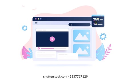 Video service online - Web window with movie player and play button, vector illustration with white background