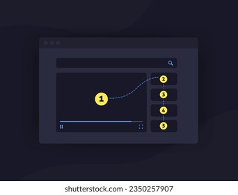 Concepto de tiempo de observación de sesión de video. Aumentar el tiempo de sesión de vídeo para el ranking de búsqueda superior. Ilustración vectorial de la duración media de la vista en fondo oscuro