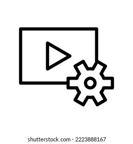 Video setting icon with play and configuration gear wheel in black outline style