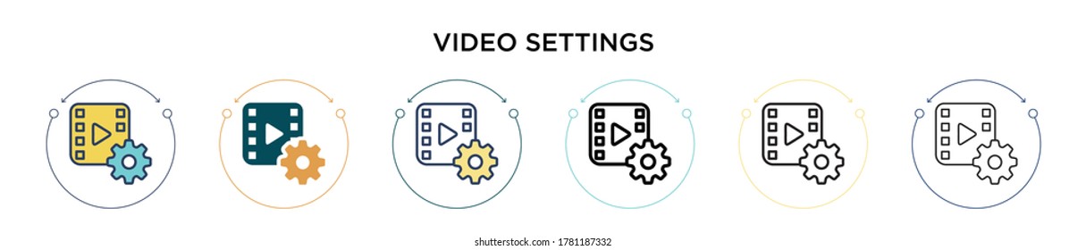 Video settings icon in filled, thin line, outline and stroke style. Vector illustration of two colored and black video settings vector icons designs can be used for mobile, ui, web