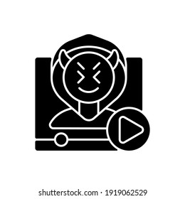 Video shaming black glyph icon. Cyberbullying and cyberharassment. Watch online content. Internet troll. Social media negativity. Silhouette symbol on white space. Vector isolated illustration