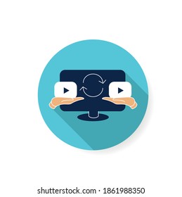 Video sharing flat icon. Sign of user share, send and repost video content on social media. Web network ad and digital marketing concept. Color vector illustration with shadow 