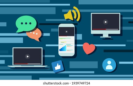 video sharing with icons. mobile laptop computer screen concept. vector illustration.