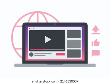 Video Sharing Platform Concept. Social Media On Laptop Display. Website Layout Flat Vector Design.