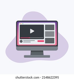 Video Sharing Platform Concept. Social Media On Computer Display. Website Layout Flat Vector Design.