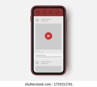 Video Sharing Socail Media Post In Light Theme. Cellphone Mockup. Red Play Button,