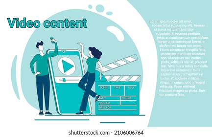 Video shooting.Creating visual content.Shooting for social networks, video editing of the finished material.An illustration in the style of a landing page in green.