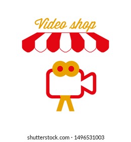 Video Shop Sign, Emblem. Red and White Striped Awning Tent. Movie Camera Icon. Gold and Red Colors. Flat Vector Illustration.
