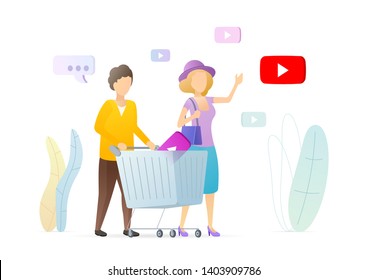 Video shopping technology flat vector illustration. Couple choosing goods and service in online TV store. Cartoon man pushing shopping cart. Ecommerce, eshopping modern marketing service.
