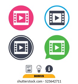 Video sign icon. Video frame symbol. Report document, information sign and light bulb icons. Vector