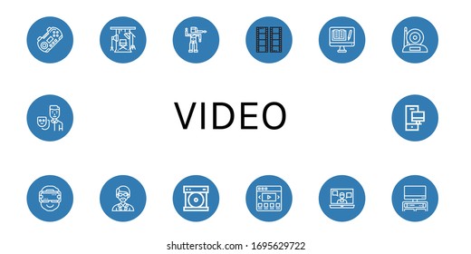 video simple icons set. Contains such icons as Gamepad, Studio, Bollywood, Film, Computer, Camera, Ar glasses, Instructor, Compact disc, Video web, can be used for web, mobile and logo
