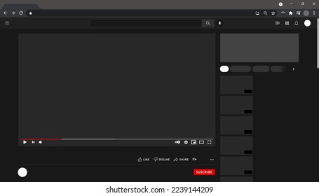 Video site vector. Site for video. The page is dark mode. Isolated video site vector for watching video.
