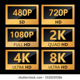 Video size resolution icon label sd, hd, Ultra Hd, 4k, 8k vector sign illustration