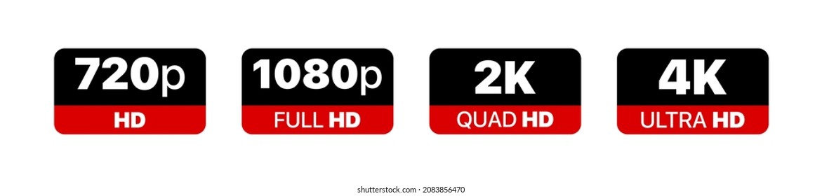 Video size resolution icon set. 720p, 1080p, 2k and 4k hd sign. High definition. Vector EPS 10. Isolated on white background.