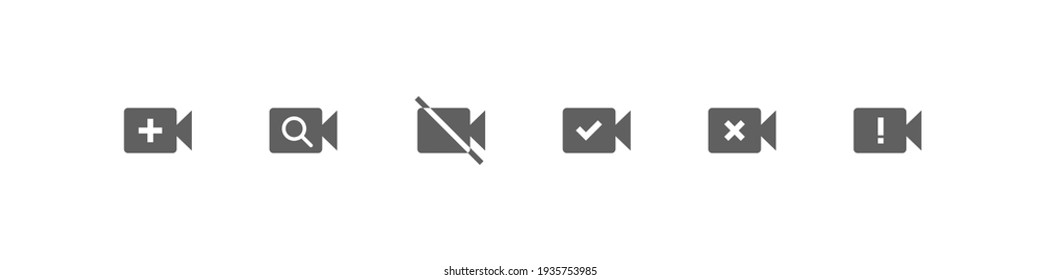 Video social media icon button set in camera shape, broadcast multimedia technology symbol collection flat style.