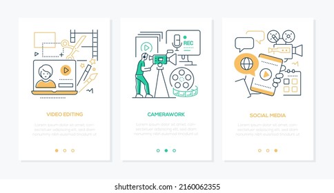 Vídeo y redes sociales - banderas de diseño de línea con lugar para texto. Televisión, videoblog en línea, producción de películas, cámara, grabación, transmisión en directo, Internet y la idea de dispositivos de comunicación