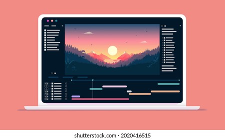 Video software on computer screen - Application for editing videos with timeline and user interface on laptop. Vector illustration