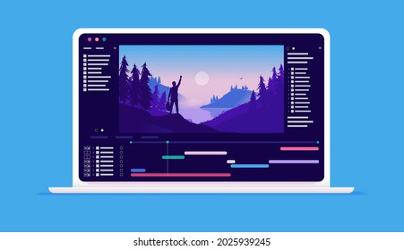 Video-Software auf dem Computer-Bildschirm - Arbeiten mit Anwendung zum Bearbeiten von Videos mit Timeline und Benutzeroberfläche auf Laptop. Vektorgrafik