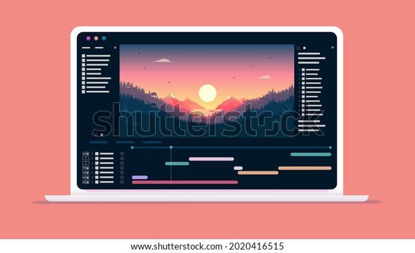 Video software on computer screen -\
Application for editing videos with timeline and user interface on\
laptop. Vector\
illustration