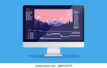 Video software - Vector illustration of desktop computer with movie editing application on screen. Videography concept.