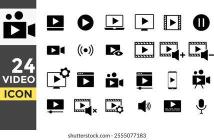 Video solid icon set. social media icons. Play button icon sign. Start audio or video action symbol. multimedia graphic design. Collection of internet conversation buttons