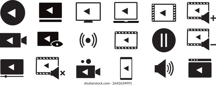 Video solid icon set. Social media elements,Containing play or start button.Vector isolated on transparent background.
