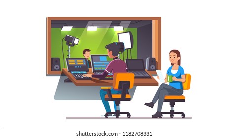 Video & sound engineers working on mixing console. Television presenter in green screen studio with lighting equipment behind glass window. TV broadcasting & video production. Flat vector illustration