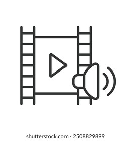 Video sound, in line design. Sound, Video sound, Volume control, Audio settings, Speaker icon, Mute on white background vector. Video sound editable stroke icon