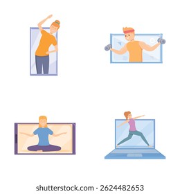 Video sport icons set cartoon vector. Professional instructor trainer online. Healthy lifestyle, physical activity