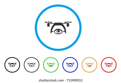 Video Spy Drone icon. Vector illustration style is a flat iconic video spy drone grey rounded symbol inside light blue circle with black, gray, green, blue, red, orange color versions.