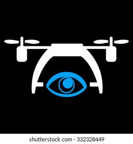 Video Spy Drone vector icon. Style is bicolor flat symbol, blue and white colors, rounded angles, black background.