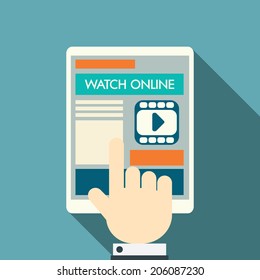 Video stream concept on modern technology devices with responsive flat web design. Eps10 vector illustration.